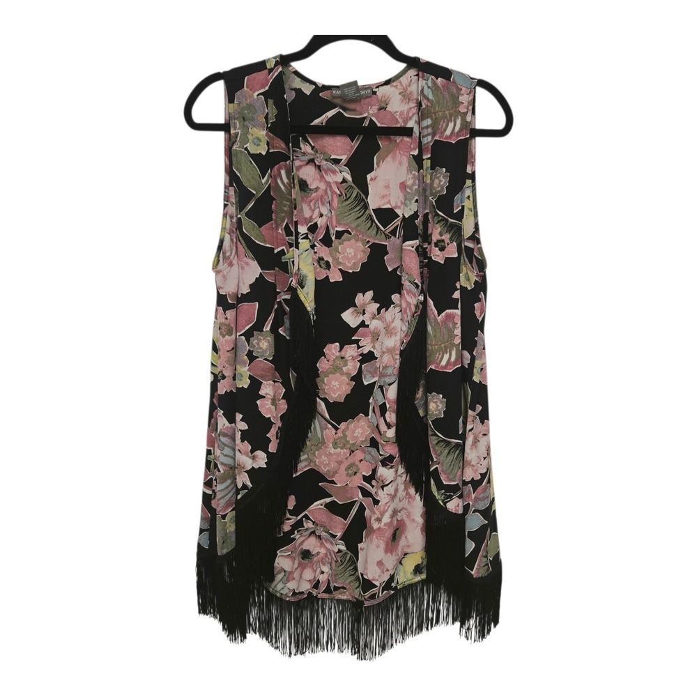 Kate & Mallory Womens Floral Fringe Vest Black Pink L Boho Festival Kimono Style